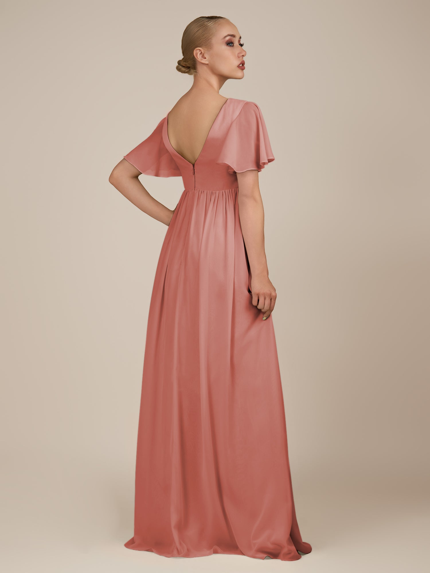KissDress-Junia Mulberry A Line V Neck Chiffon Cap Sleeves Long Bridesmaid Dress with Slit