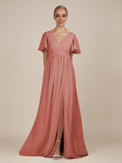 KissDress-Junia Mulberry A Line V Neck Chiffon Cap Sleeves Long Bridesmaid Dress with Slit