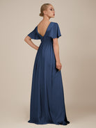 KissDress-Junia Navy A Line V Neck Chiffon Cap Sleeves Long Bridesmaid Dress with Slit