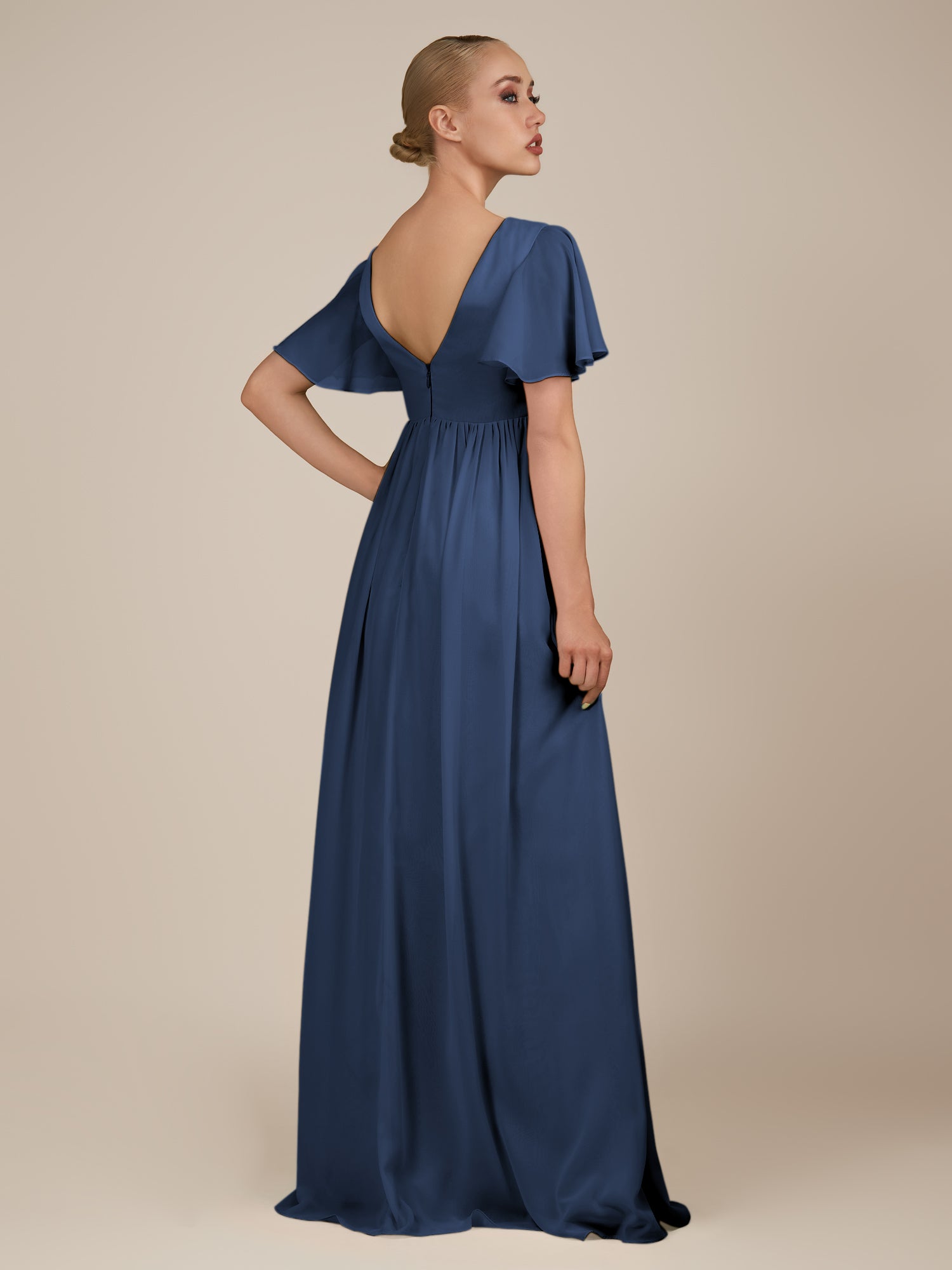 KissDress-Junia Navy A Line V Neck Chiffon Cap Sleeves Long Bridesmaid Dress with Slit