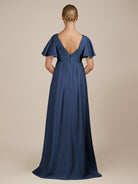 KissDress-Junia Navy A Line V Neck Chiffon Cap Sleeves Long Bridesmaid Dress with Slit