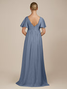 KissDress-Junia Neptune A Line V Neck Chiffon Cap Sleeves Long Bridesmaid Dress with Slit