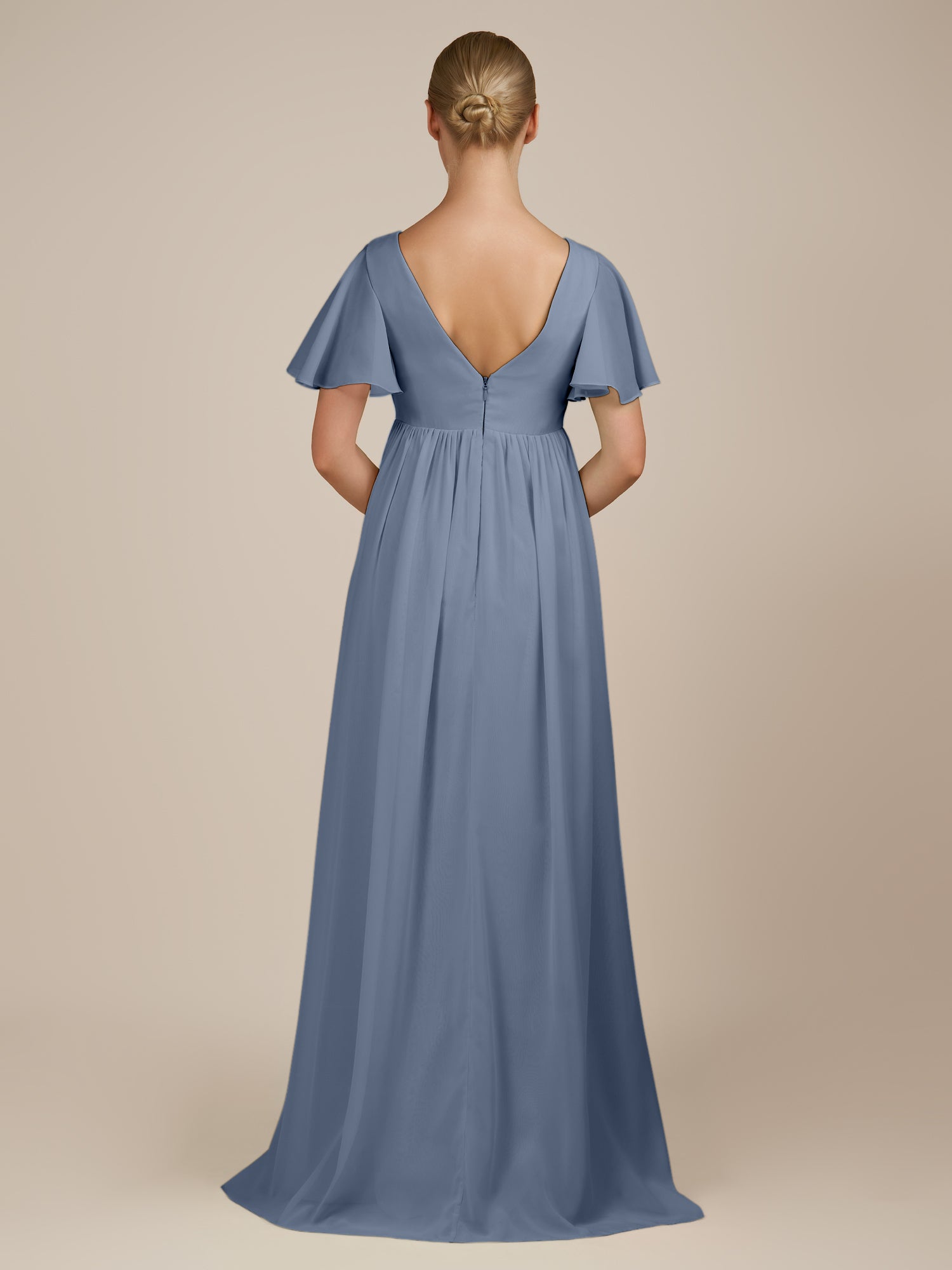 KissDress-Junia Neptune A Line V Neck Chiffon Cap Sleeves Long Bridesmaid Dress with Slit