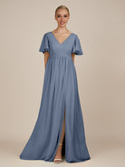 KissDress-Junia Neptune A Line V Neck Chiffon Cap Sleeves Long Bridesmaid Dress with Slit