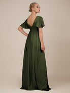 KissDress-Junia Olive A Line V Neck Chiffon Cap Sleeves Long Bridesmaid Dress with Slit