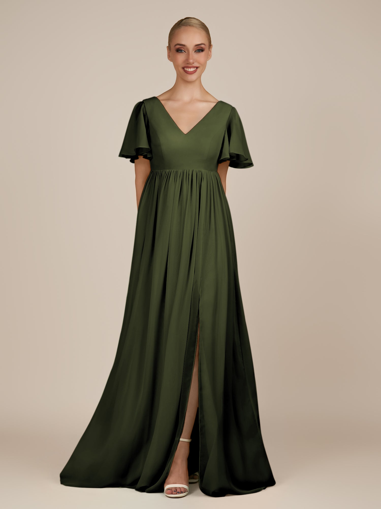 KissDress-Junia Olive A Line V Neck Chiffon Cap Sleeves Long Bridesmaid Dress with Slit