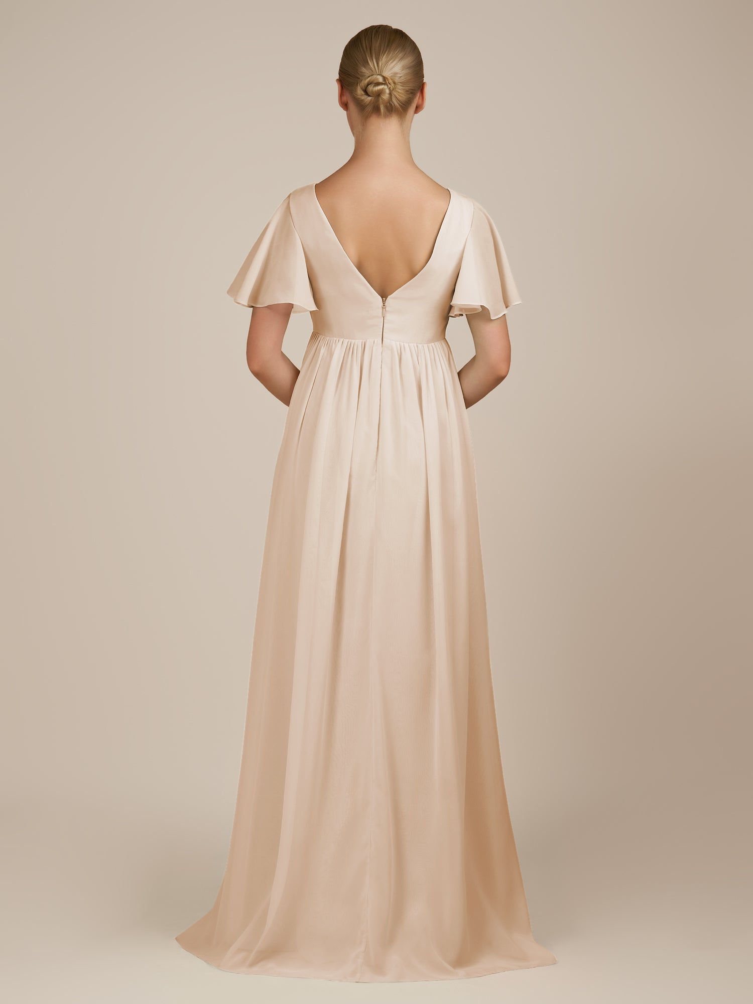 KissDress-Junia Pale Blush A Line V Neck Chiffon Cap Sleeves Long Bridesmaid Dress with Slit