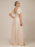 KissDress-Junia Pale Blush A Line V Neck Chiffon Cap Sleeves Long Bridesmaid Dress with Slit