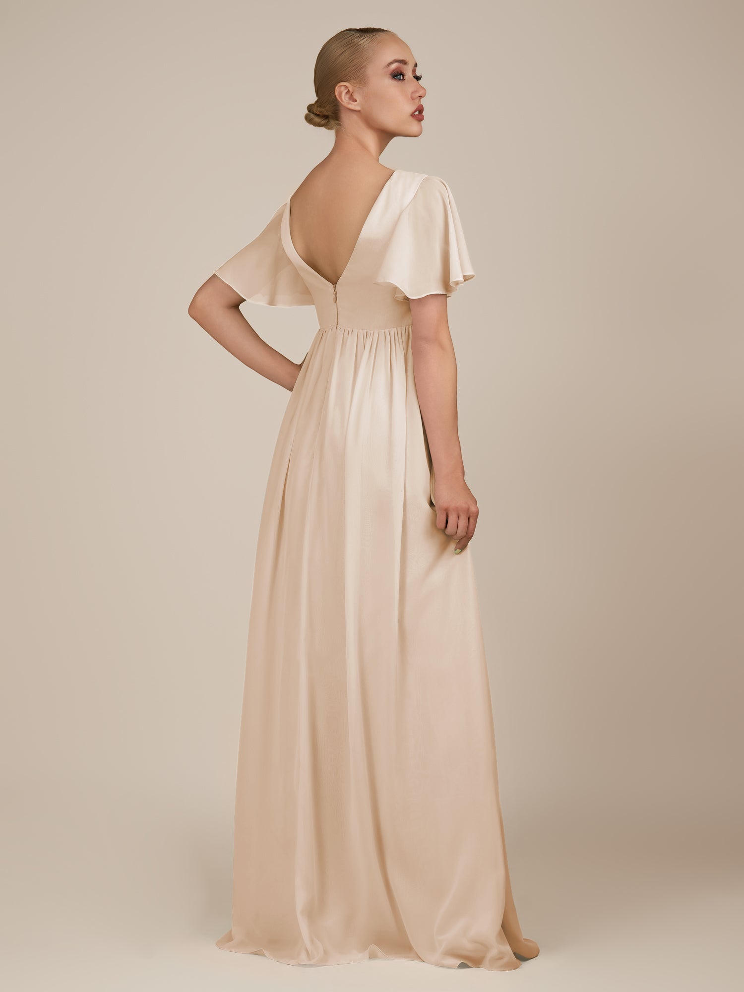 KissDress-Junia Pale Blush A Line V Neck Chiffon Cap Sleeves Long Bridesmaid Dress with Slit