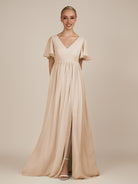 KissDress-Junia Pale Blush A Line V Neck Chiffon Cap Sleeves Long Bridesmaid Dress with Slit