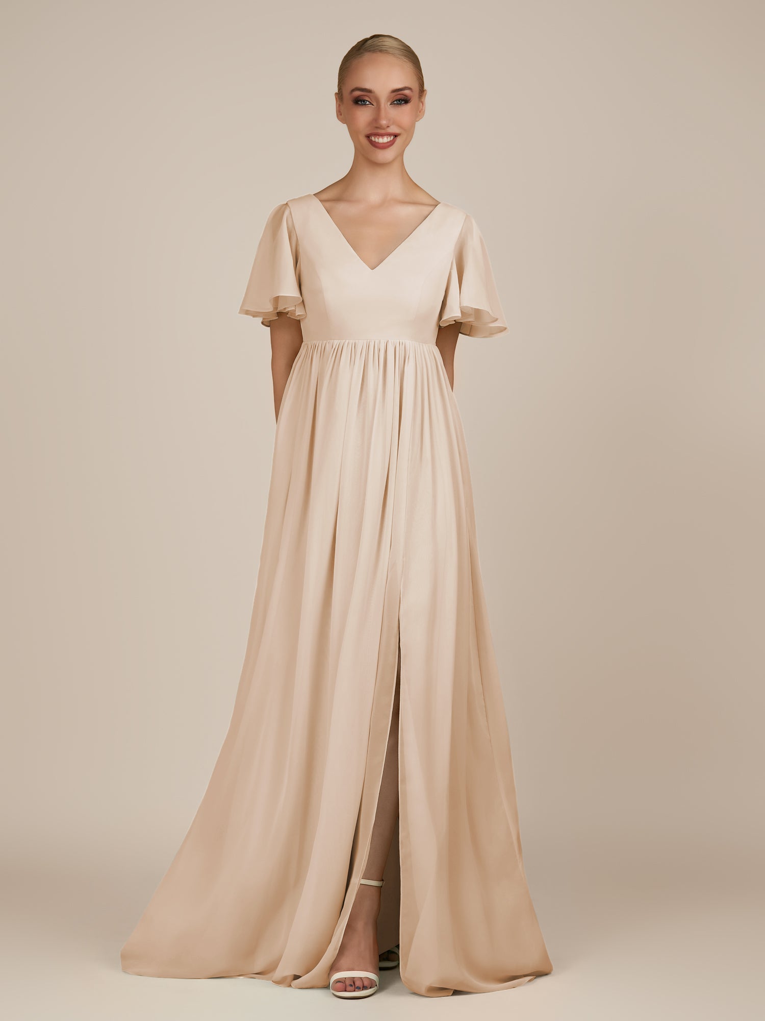 KissDress-Junia Pale Blush A Line V Neck Chiffon Cap Sleeves Long Bridesmaid Dress with Slit