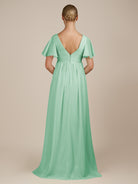 KissDress-Junia Pale Pistachio A Line V Neck Chiffon Cap Sleeves Long Bridesmaid Dress with Slit