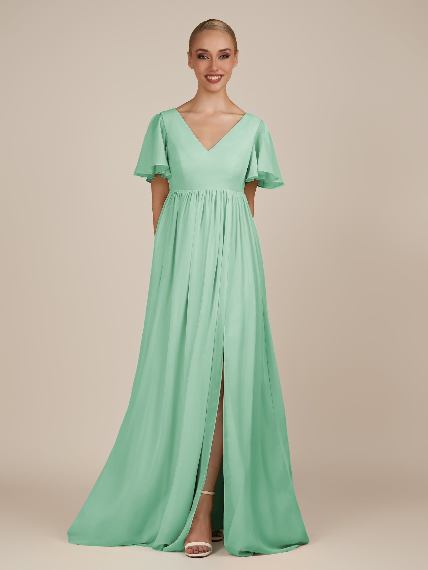 KissDress-Junia Pale Pistachio A Line V Neck Chiffon Cap Sleeves Long Bridesmaid Dress with Slit