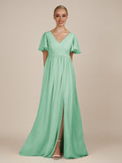 KissDress-Junia Pale Pistachio A Line V Neck Chiffon Cap Sleeves Long Bridesmaid Dress with Slit