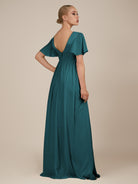 KissDress-Junia Pine A Line V Neck Chiffon Cap Sleeves Long Bridesmaid Dress with Slit