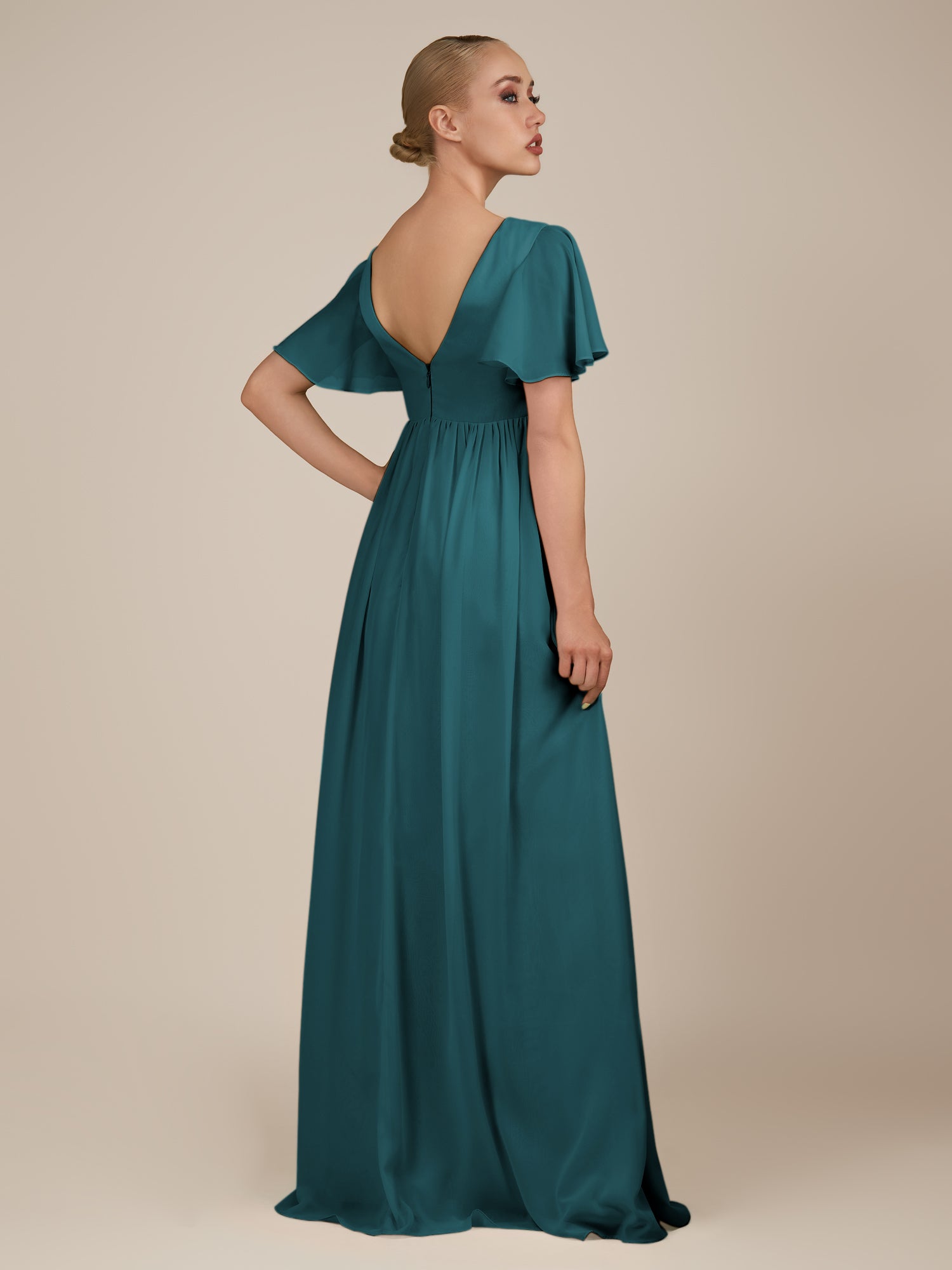 KissDress-Junia Pine A Line V Neck Chiffon Cap Sleeves Long Bridesmaid Dress with Slit