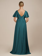 KissDress-Junia Pine A Line V Neck Chiffon Cap Sleeves Long Bridesmaid Dress with Slit