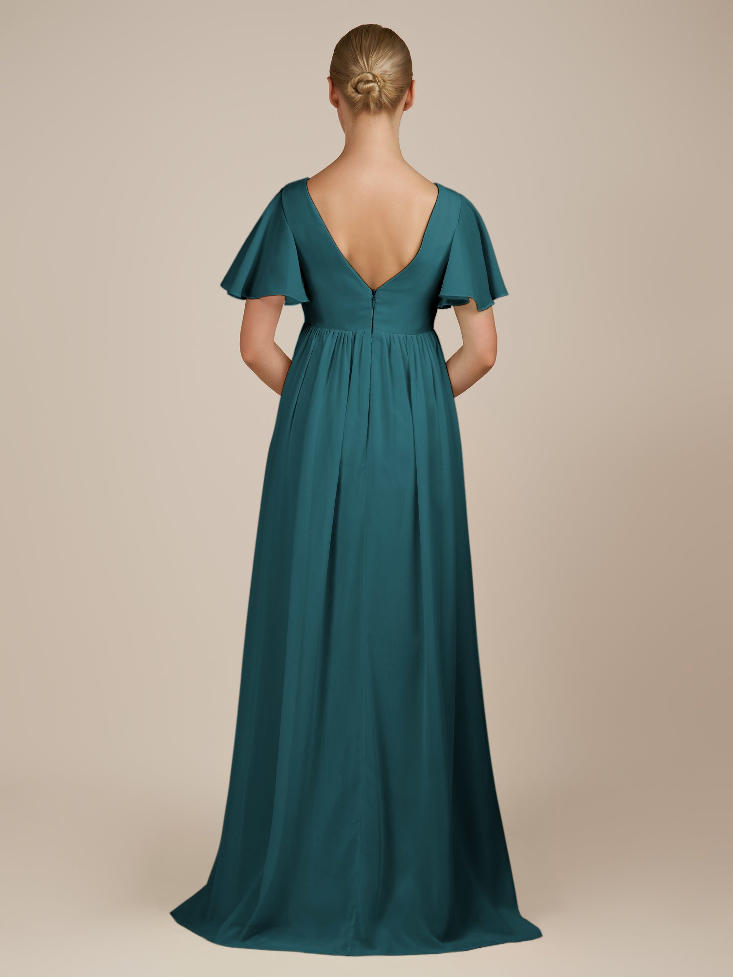 KissDress-Junia Pine A Line V Neck Chiffon Cap Sleeves Long Bridesmaid Dress with Slit