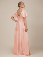 KissDress-Junia Rose Petal A Line V Neck Chiffon Cap Sleeves Long Bridesmaid Dress with Slit