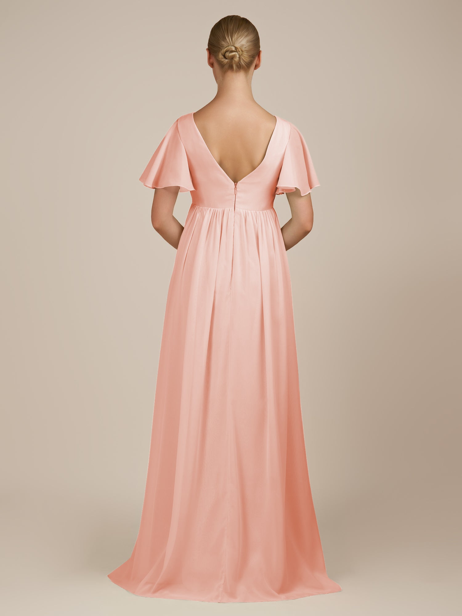 KissDress-Junia Rose Petal A Line V Neck Chiffon Cap Sleeves Long Bridesmaid Dress with Slit