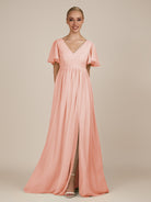 KissDress-Junia Rose Petal A Line V Neck Chiffon Cap Sleeves Long Bridesmaid Dress with Slit