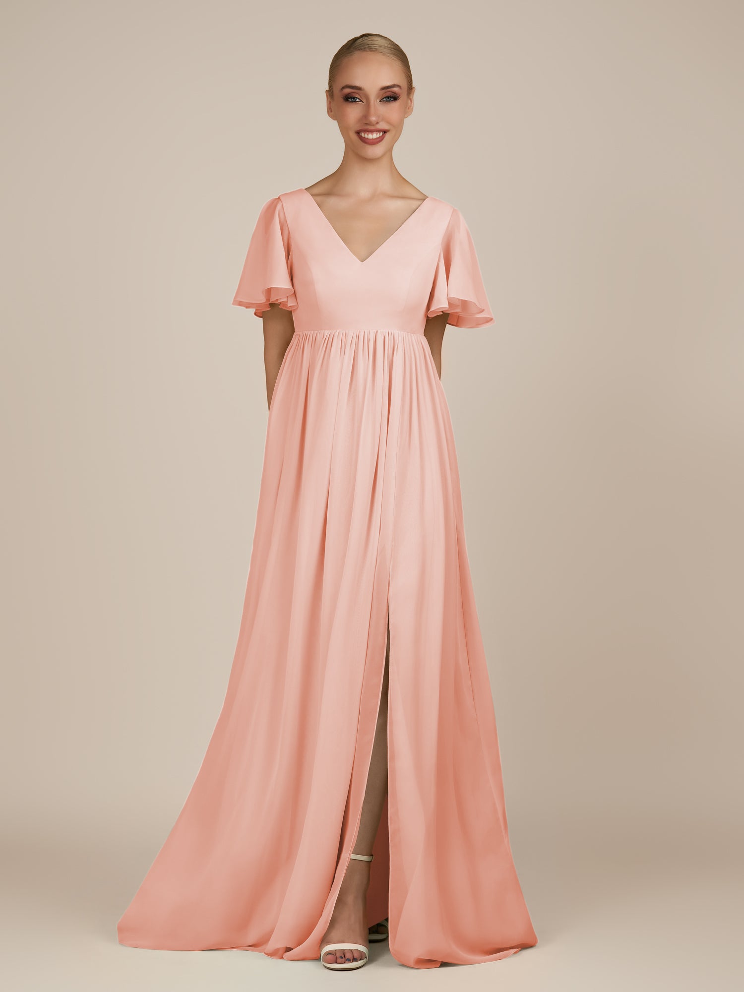 KissDress-Junia Rose Petal A Line V Neck Chiffon Cap Sleeves Long Bridesmaid Dress with Slit