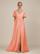 KissDress-Junia Rosette A Line V Neck Chiffon Cap Sleeves Long Bridesmaid Dress with Slit