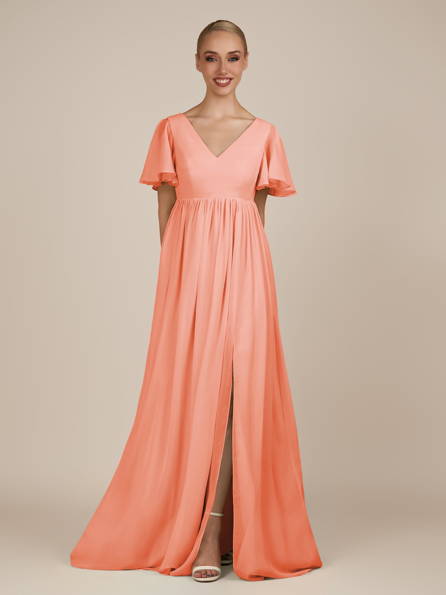 KissDress-Junia Rosette A Line V Neck Chiffon Cap Sleeves Long Bridesmaid Dress with Slit