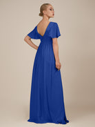KissDress-Junia Royal Blue A Line V Neck Chiffon Cap Sleeves Long Bridesmaid Dress with Slit