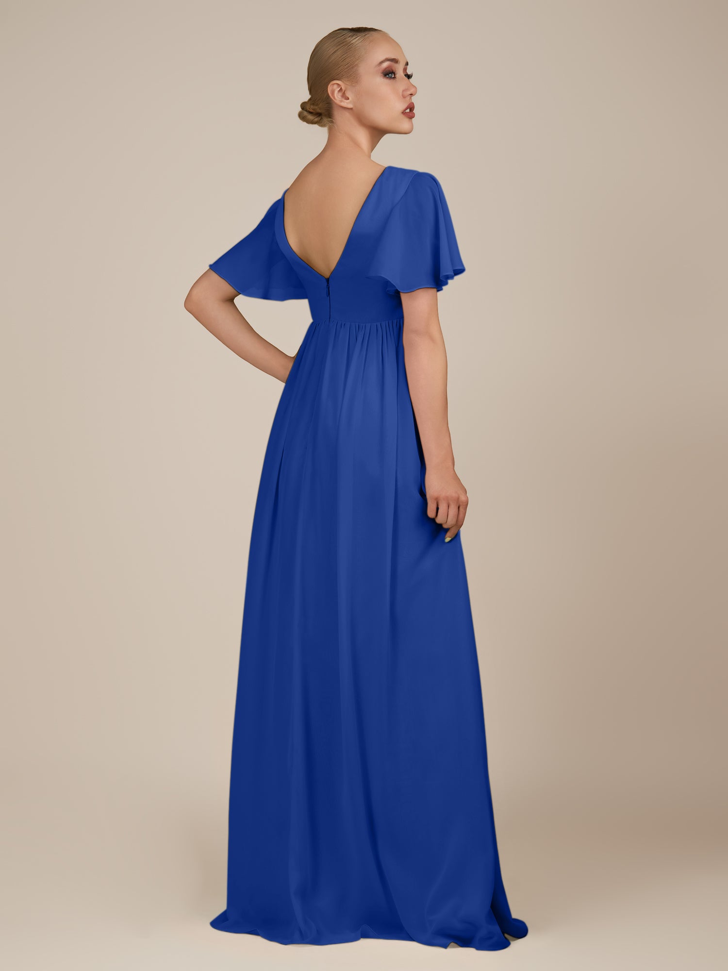 KissDress-Junia Royal Blue A Line V Neck Chiffon Cap Sleeves Long Bridesmaid Dress with Slit