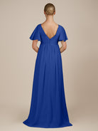 KissDress-Junia Royal Blue A Line V Neck Chiffon Cap Sleeves Long Bridesmaid Dress with Slit