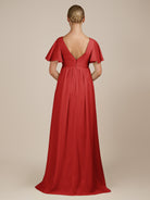 KissDress-Junia Ruby Red A Line V Neck Chiffon Cap Sleeves Long Bridesmaid Dress with Slit