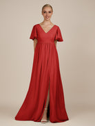 KissDress-Junia Ruby Red A Line V Neck Chiffon Cap Sleeves Long Bridesmaid Dress with Slit