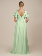 KissDress-Junia Sage A Line V Neck Chiffon Cap Sleeves Long Bridesmaid Dress with Slit