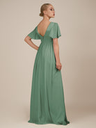 KissDress-Junia Sea Glass A Line V Neck Chiffon Cap Sleeves Long Bridesmaid Dress with Slit