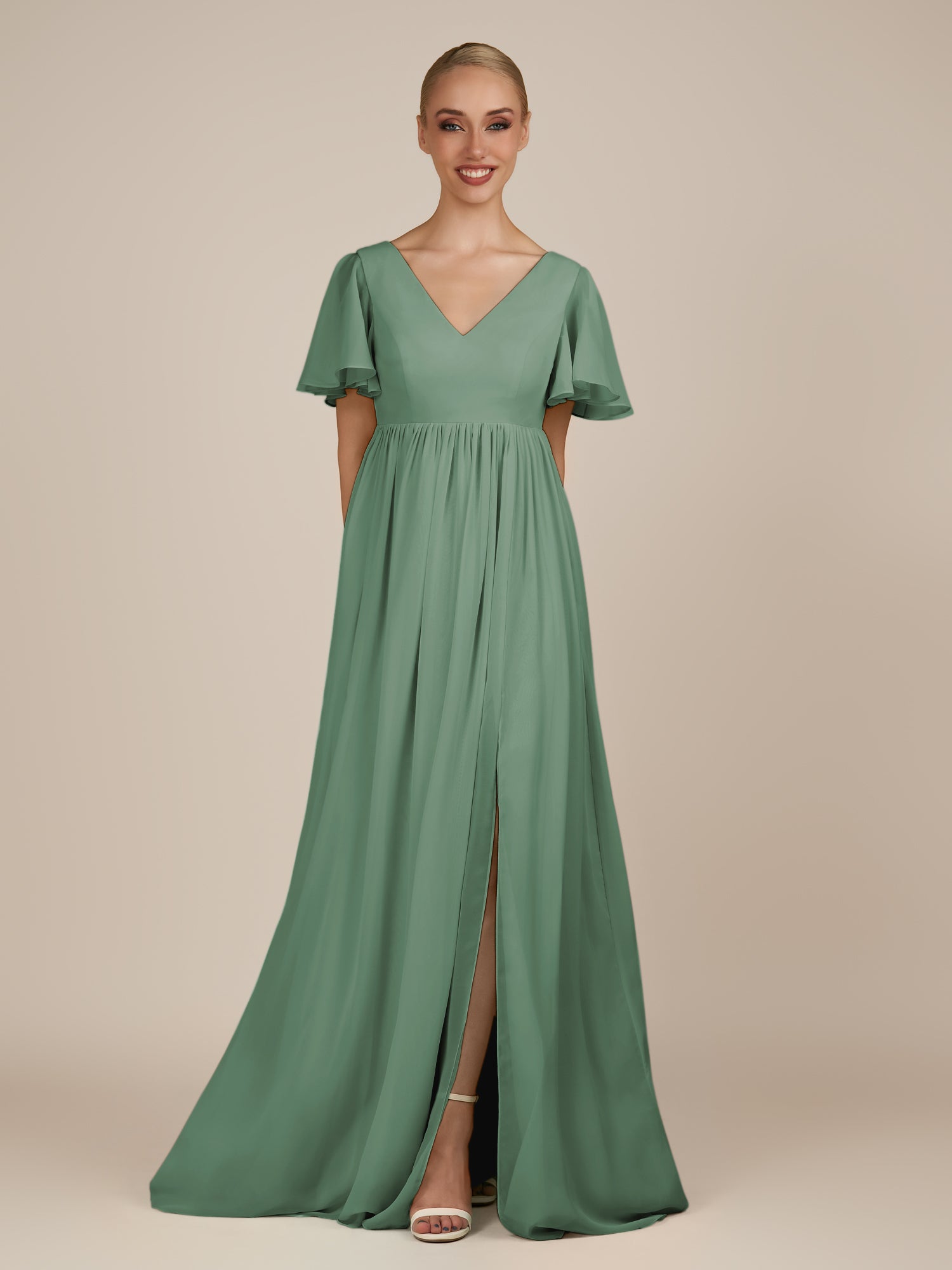 KissDress-Junia Sea Glass A Line V Neck Chiffon Cap Sleeves Long Bridesmaid Dress with Slit
