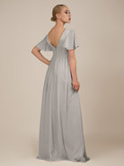 KissDress-Junia Silver A Line V Neck Chiffon Cap Sleeves Long Bridesmaid Dress with Slit