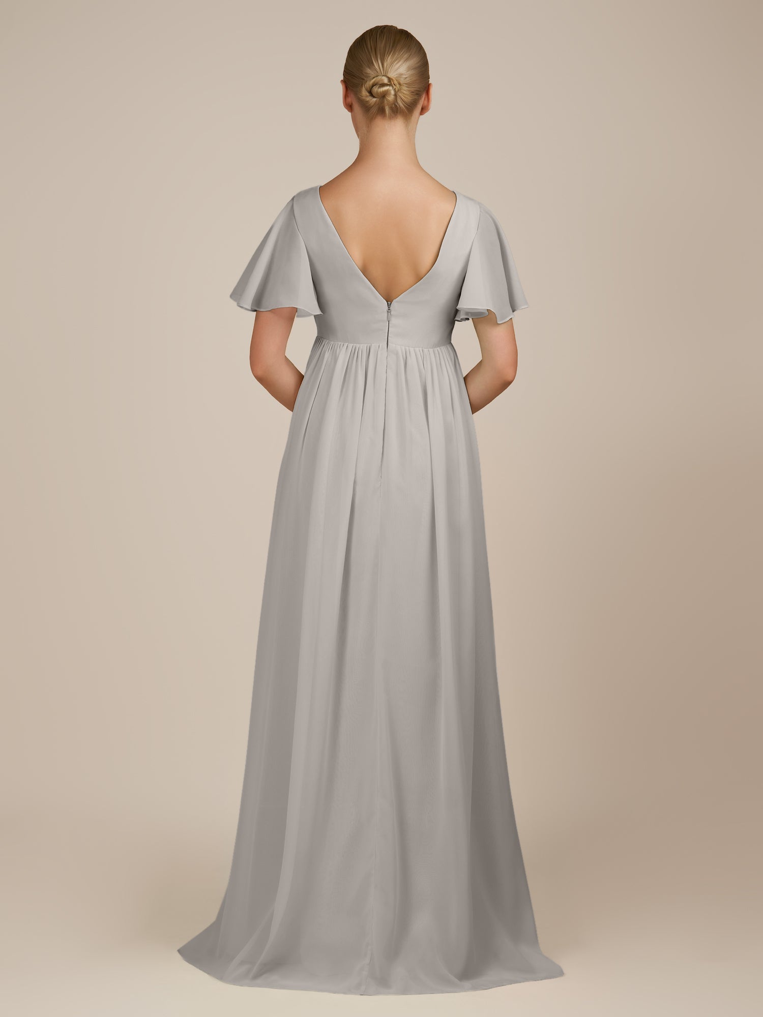 KissDress-Junia Silver A Line V Neck Chiffon Cap Sleeves Long Bridesmaid Dress with Slit