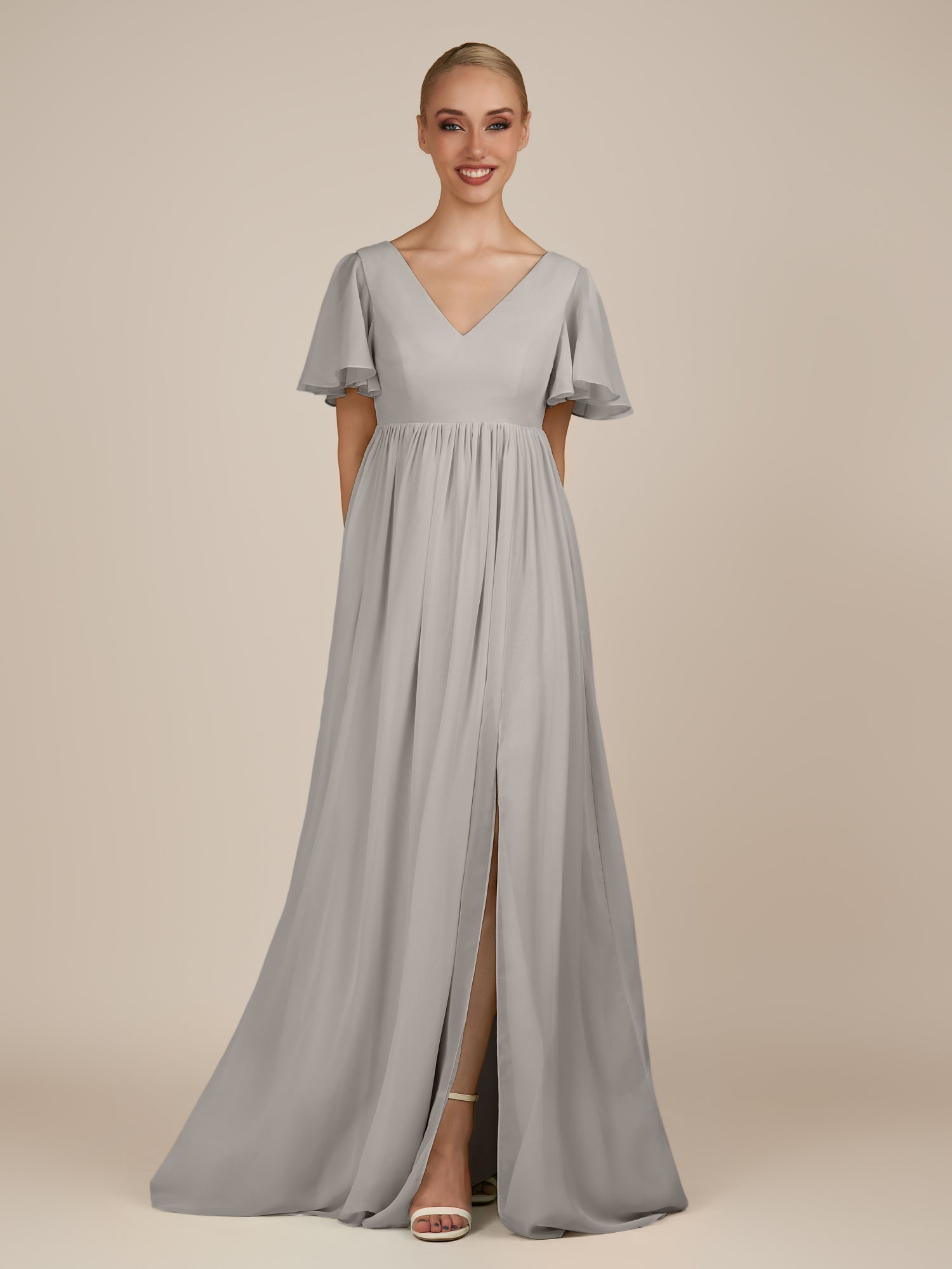 KissDress-Junia Silver A Line V Neck Chiffon Cap Sleeves Long Bridesmaid Dress with Slit