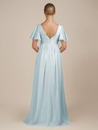 KissDress-Junia Sky Blue A Line V Neck Chiffon Cap Sleeves Long Bridesmaid Dress with Slit