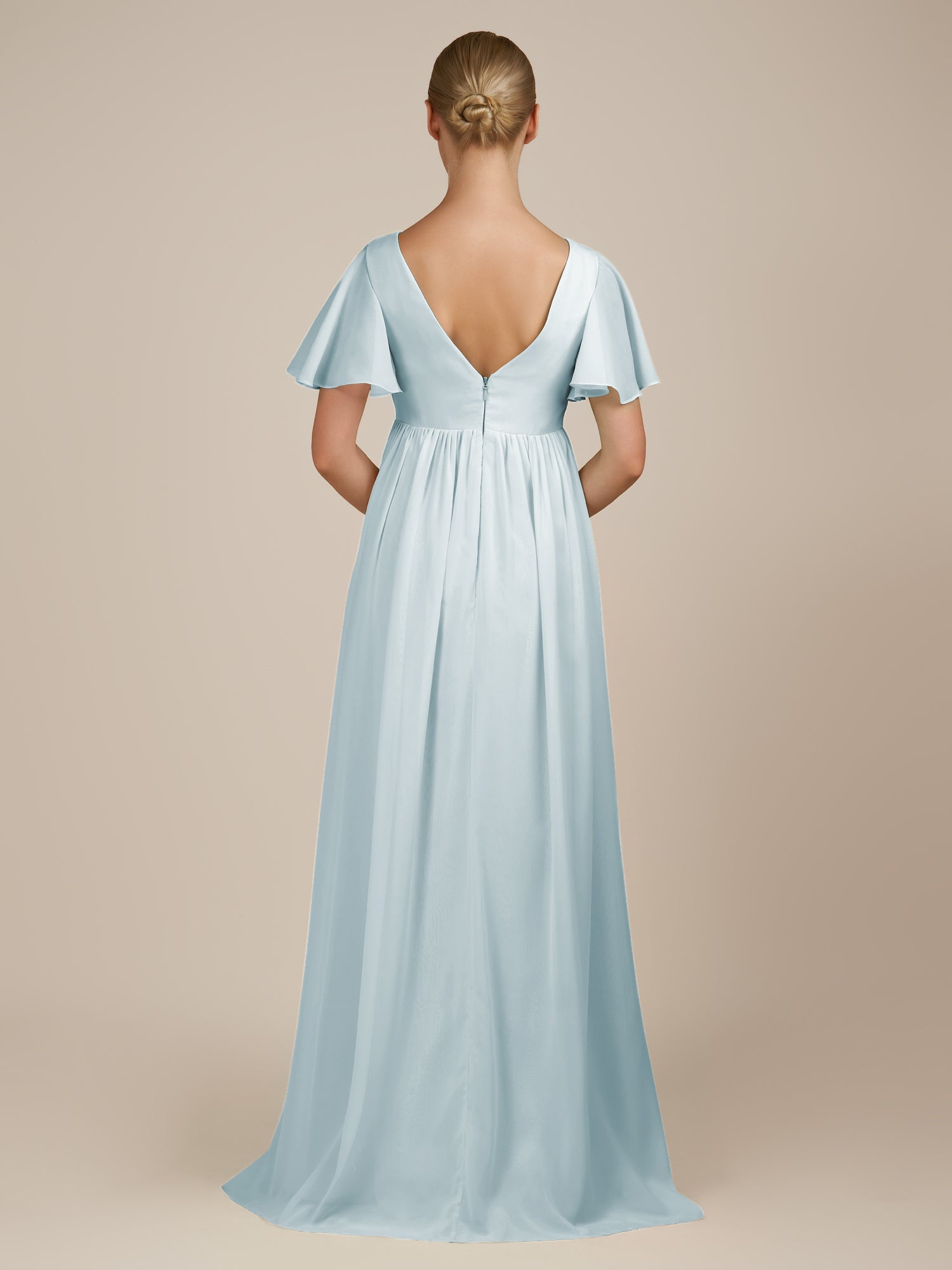 KissDress-Junia Sky Blue A Line V Neck Chiffon Cap Sleeves Long Bridesmaid Dress with Slit