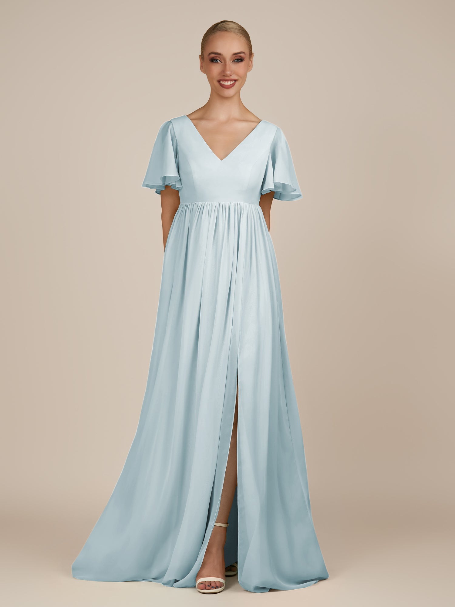 KissDress-Junia Sky Blue A Line V Neck Chiffon Cap Sleeves Long Bridesmaid Dress with Slit