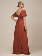KissDress-Junia Spice A Line V Neck Chiffon Cap Sleeves Long Bridesmaid Dress with Slit
