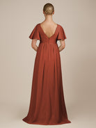 KissDress-Junia Spice A Line V Neck Chiffon Cap Sleeves Long Bridesmaid Dress with Slit