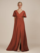 KissDress-Junia Spice A Line V Neck Chiffon Cap Sleeves Long Bridesmaid Dress with Slit