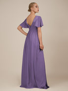KissDress-Junia Tahiti A Line V Neck Chiffon Cap Sleeves Long Bridesmaid Dress with Slit
