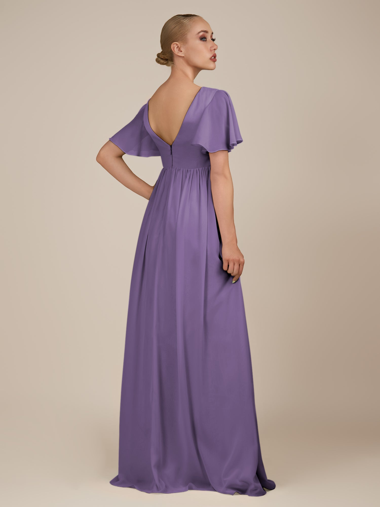 KissDress-Junia Tahiti A Line V Neck Chiffon Cap Sleeves Long Bridesmaid Dress with Slit