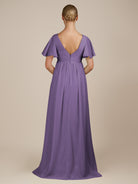 KissDress-Junia Tahiti A Line V Neck Chiffon Cap Sleeves Long Bridesmaid Dress with Slit