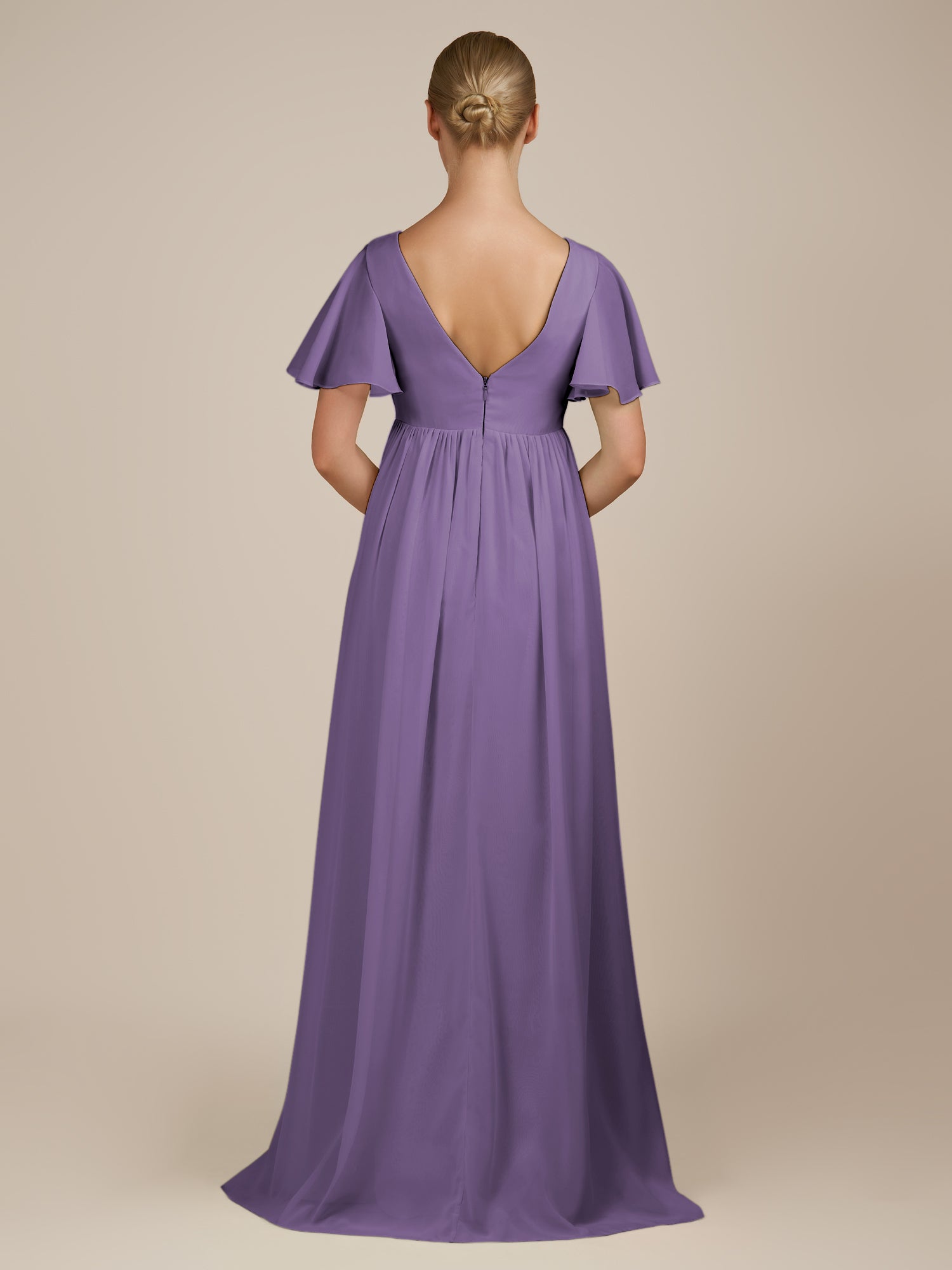 KissDress-Junia Tahiti A Line V Neck Chiffon Cap Sleeves Long Bridesmaid Dress with Slit