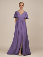 KissDress-Junia Tahiti A Line V Neck Chiffon Cap Sleeves Long Bridesmaid Dress with Slit